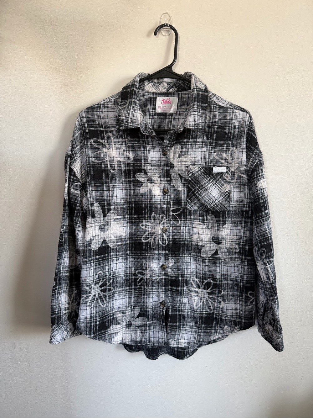 Justice Black & White Floral Plaid Button-Down Shirt